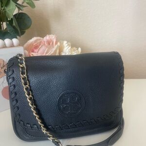 Tory Burch Black Pebble Leather Crossbody Bag with Gold Chain